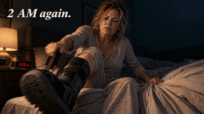 2 AM again — a woman ripping off her night splint boot in frustration, half-asleep in bed