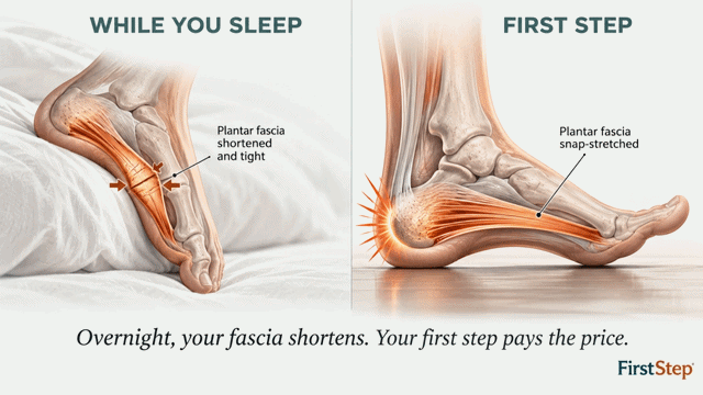 Diagram showing how the plantar fascia shortens while you sleep and is forced to stretch with your first step in the morning