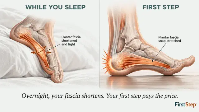 Diagram showing how the plantar fascia shortens while you sleep and is forced to stretch with your first step in the morning