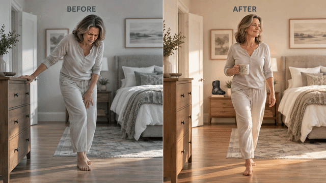 Before and after — from hobbling out of bed gripping the nightstand, to walking to the kitchen with coffee