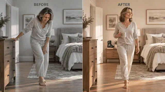 Before and after — from hobbling out of bed gripping the nightstand, to walking to the kitchen with coffee