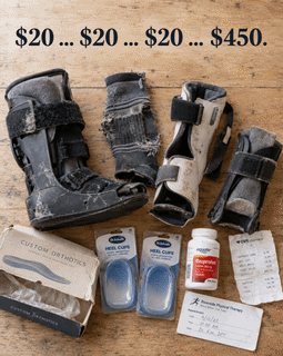 $20… $20… $20… $450 — a flat lay of abandoned night splint boots, insoles, and orthotics that didn't work