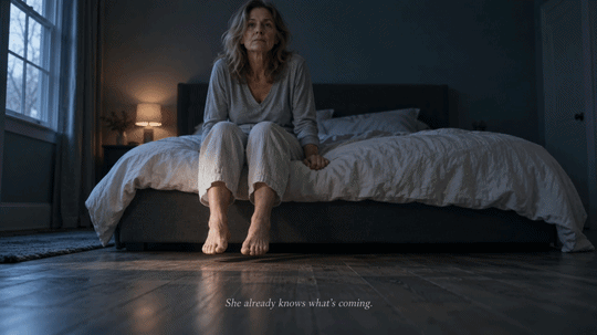 A woman sitting on the edge of her bed in the dark — she already knows what the first step will feel like