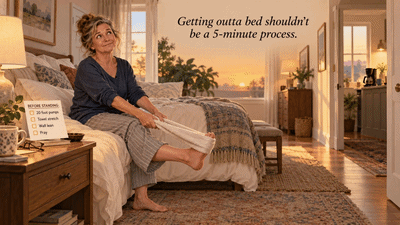 Morning stretch routine with a towel — the daily ritual of loosening tight feet before standing