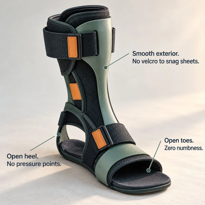 DorsalFlex alongside a Health magazine article: 'Why Physical Therapists Are Calling This the First Night Splint Patients Actually Sleep In.' Featured in Health, Wellness Today, Prevention, PT Monthly.