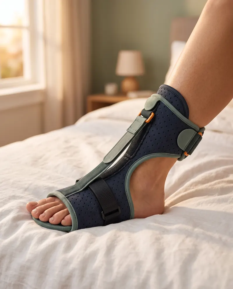 DorsalFlex on foot in bed — toes free, open heel, micro-adjustable straps secured