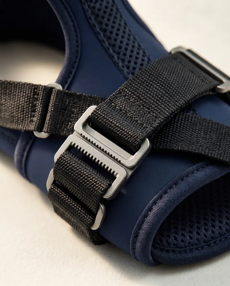 Three-point micro-adjustable strap buckle hardware close-up