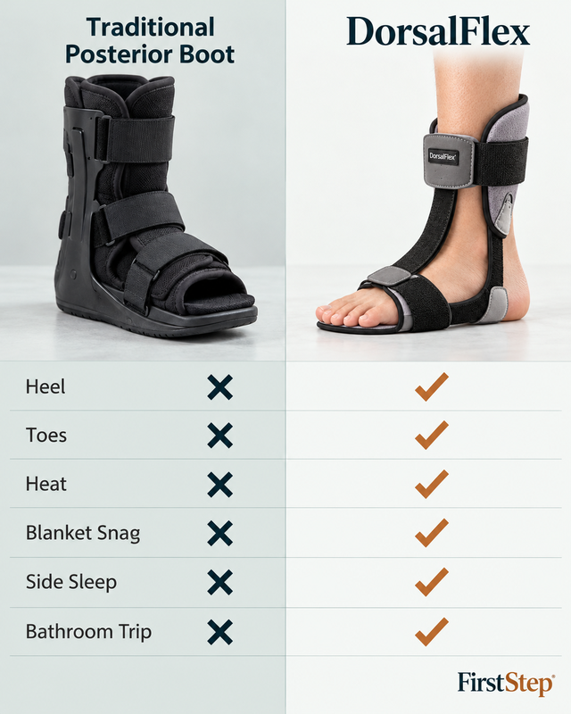 Comparison table: Traditional Posterior Boot versus DorsalFlex — weight, heat, toes, sleep disruption side by side.