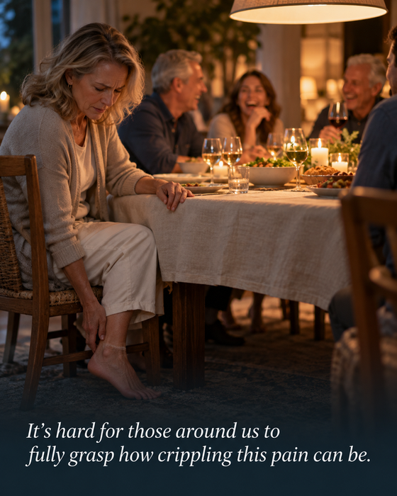 Woman at a dinner party discreetly holding her foot under the table — the pain follows you everywhere.