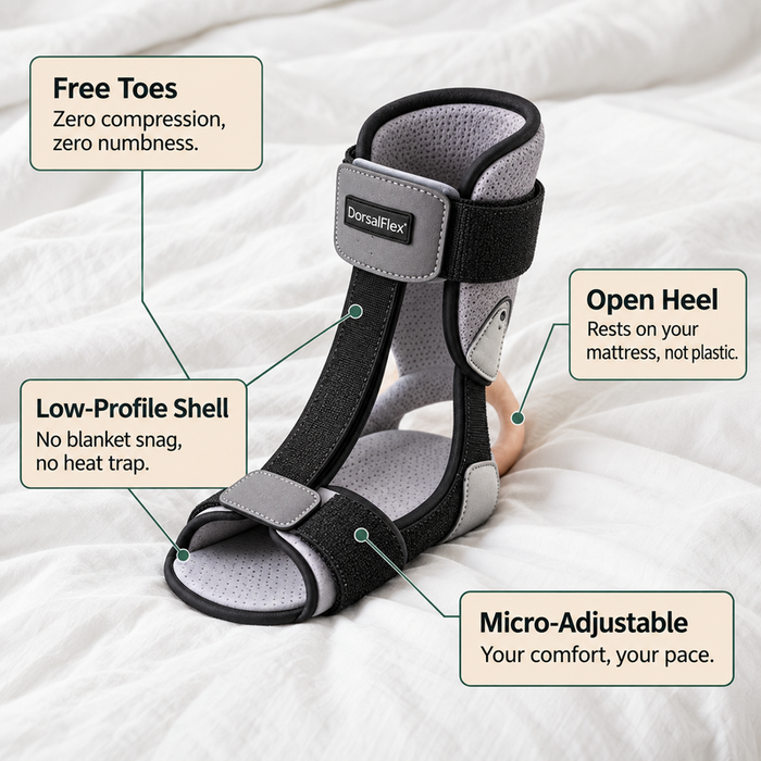 DorsalFlex feature callout with annotation lines — Free Toes, Open Heel, Low-Profile Shell, Micro-Adjustable tension.