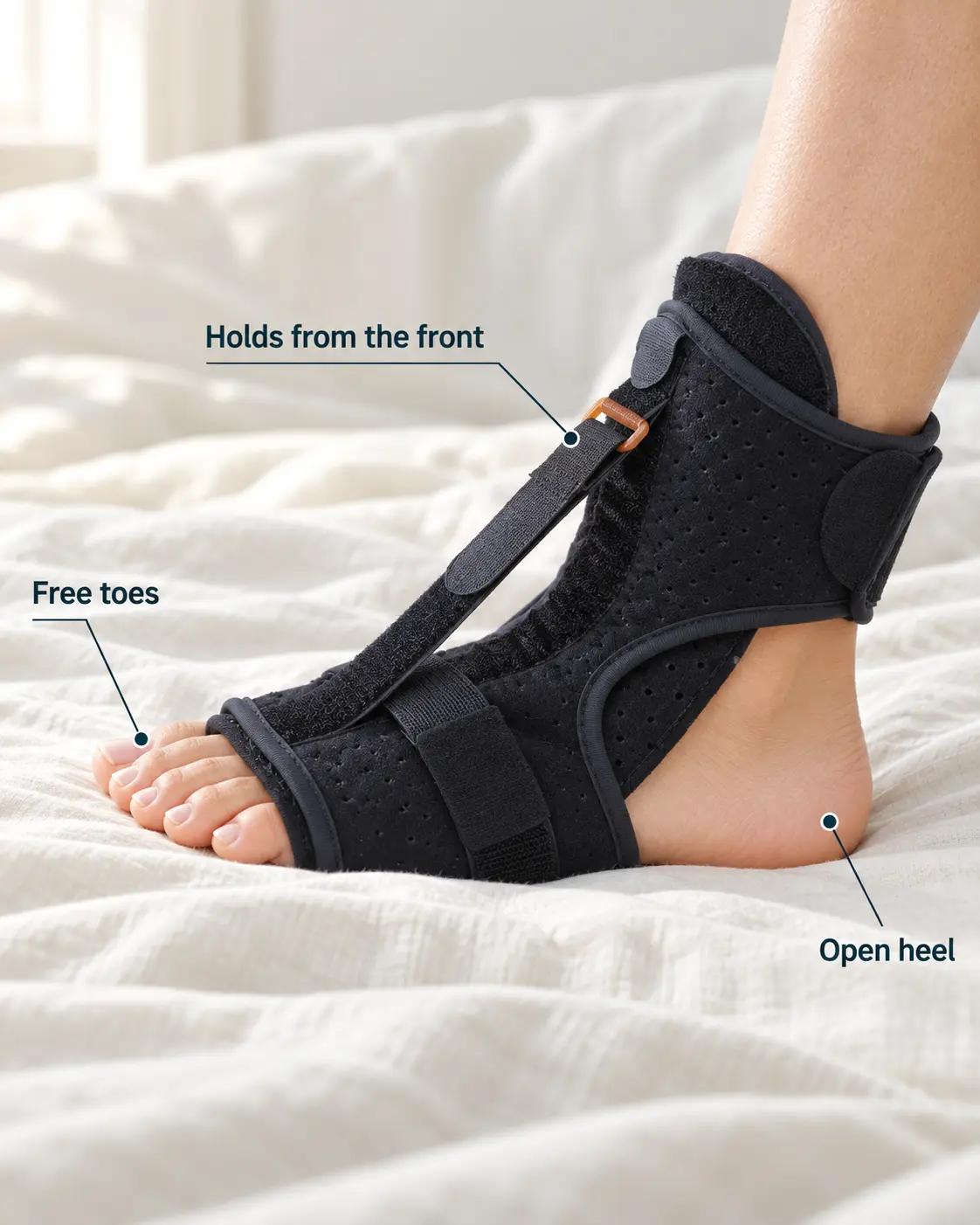 DorsalFlex product callout — holds from the front, free toes, open heel design