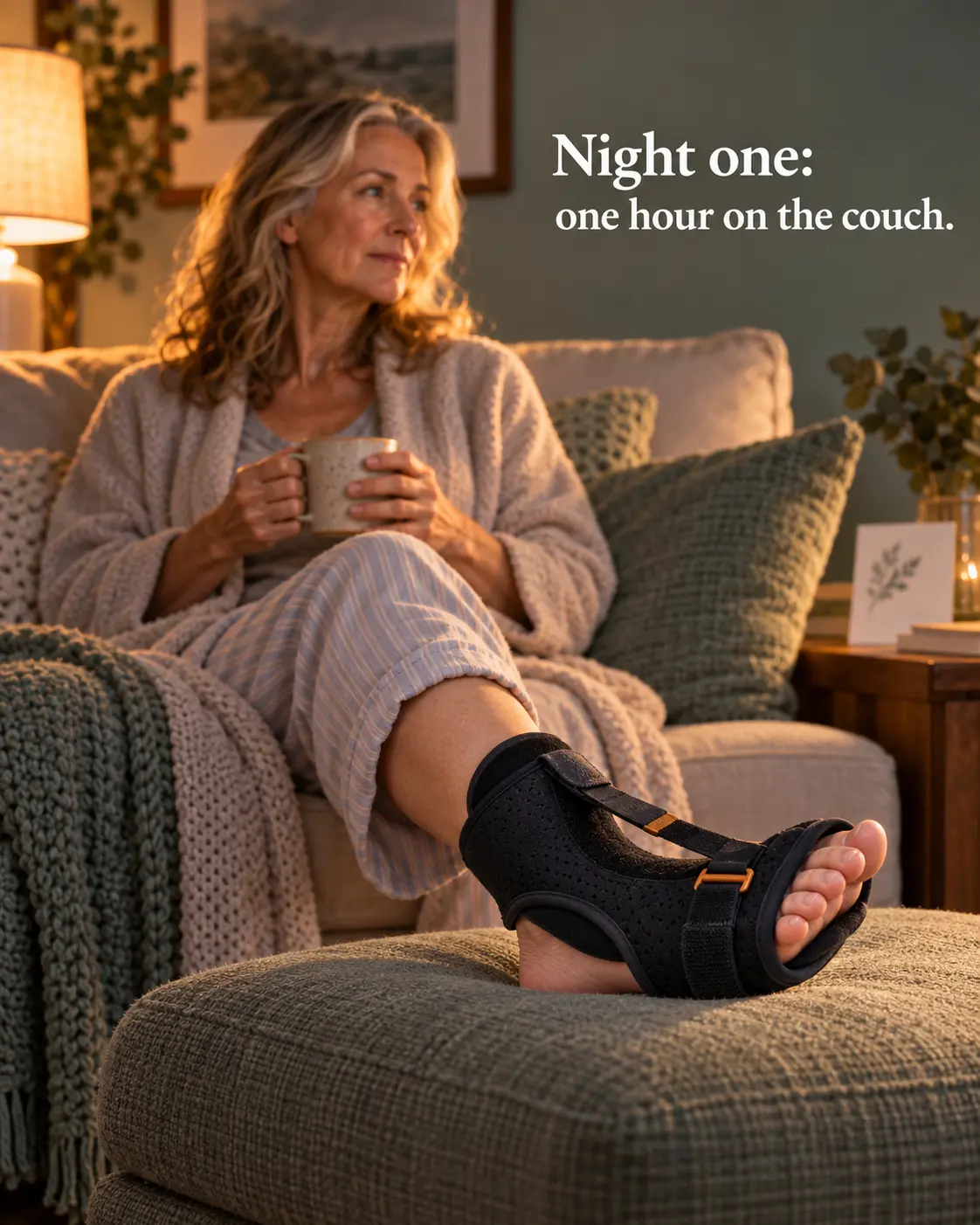 Night one — one hour on the couch, woman relaxing with tea while wearing DorsalFlex