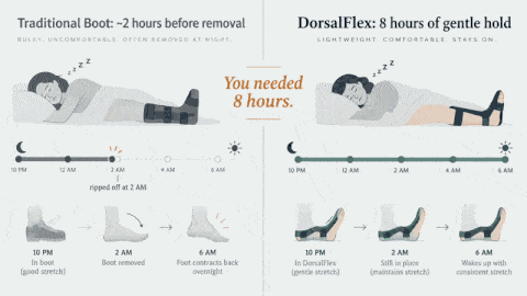 Traditional boot removed at 2 AM vs DorsalFlex 8 hours of gentle hold — you needed 8 hours