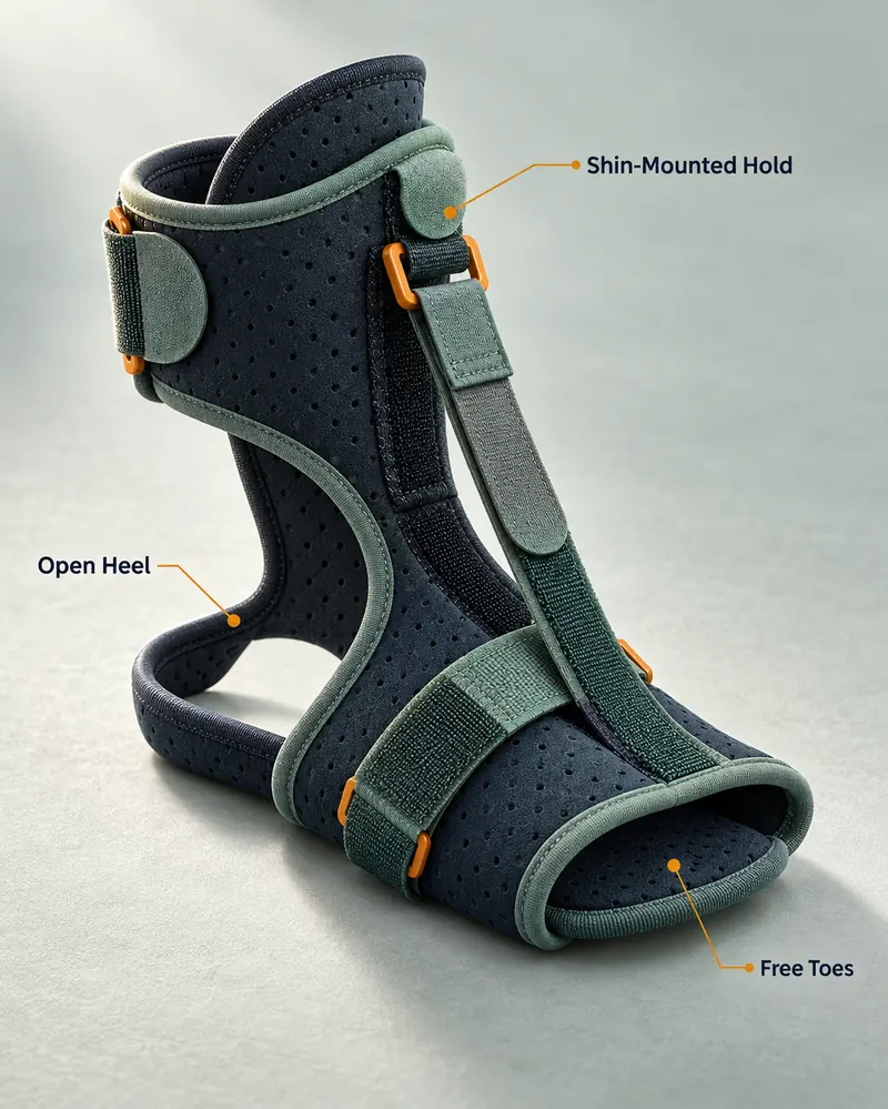 DorsalFlex features — shin-mounted hold, open heel, free toes