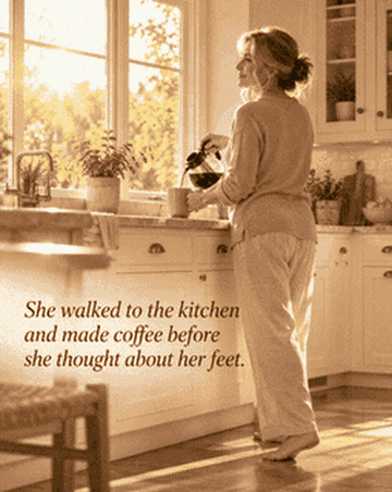 Woman pouring coffee in a sunlit kitchen — standing barefoot, calm, mornings reclaimed.