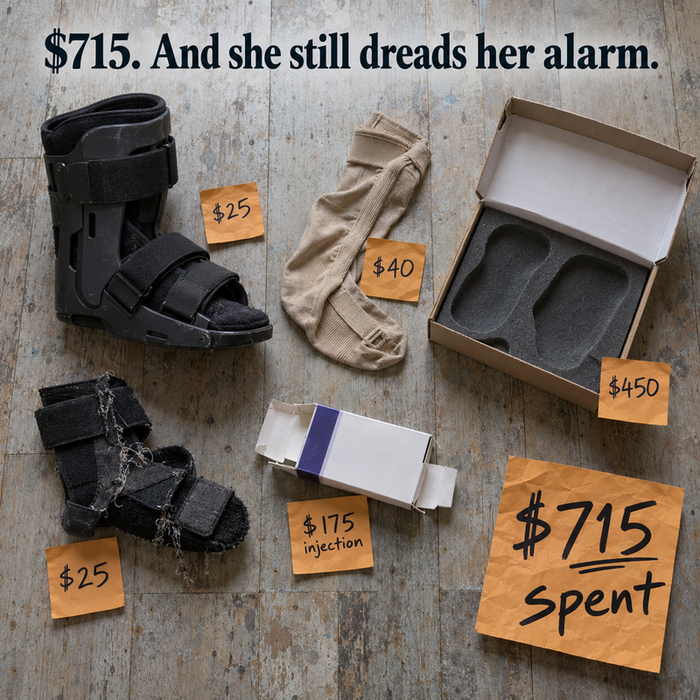 Price anchoring flat lay — $715 spent on orthotics, injections, and braces. And she still dreads her alarm.