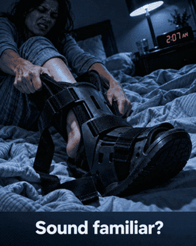 Woman ripping off a posterior night boot at 2:07 AM — caption reads: Sound familiar?