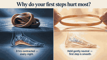 Rubber band analogy — a bunched-up rubber band versus one held gently neutral overnight.