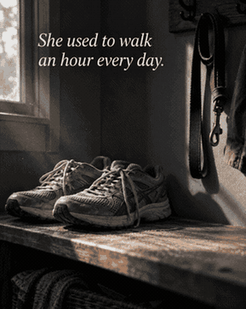 Worn walking shoes sitting by a door — she used to walk an hour every day.